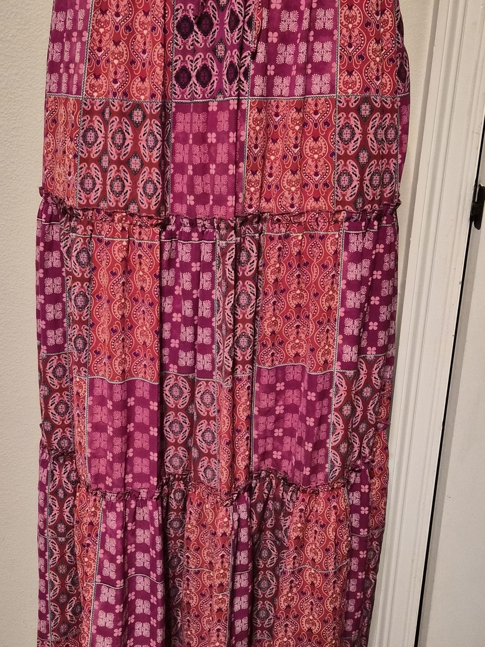 Boho Patchwork Print Tiered Maxi Skirt with Drawstring Pockets 2XL